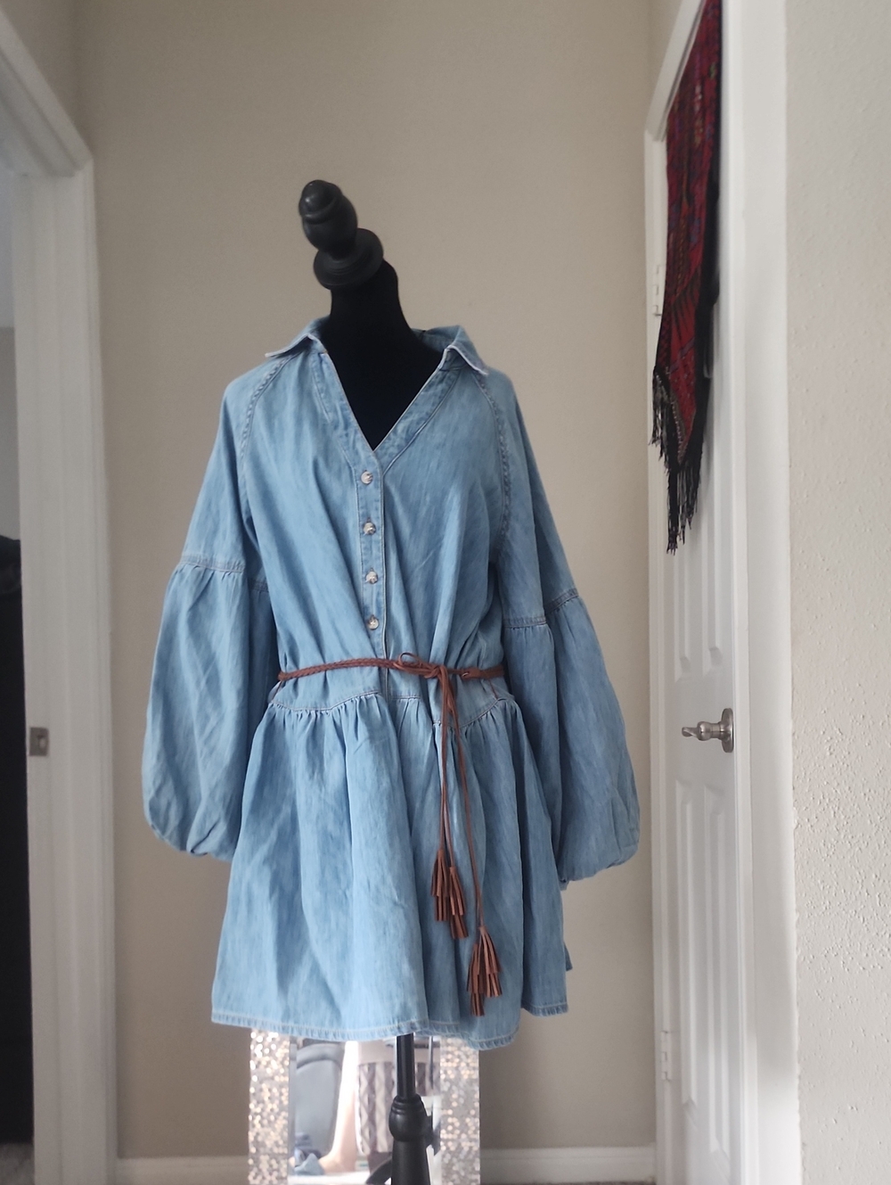 Avec Les Filles Light Blue Denim Mini Dress with Brown Tie Belt